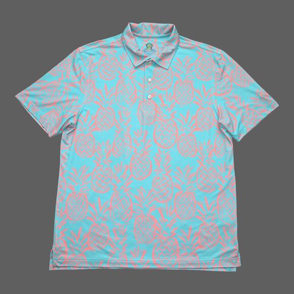Chubbies Pineapple Print Performance Mens Polo Size S Bright Blue/Salmon GUC - Picture 1 of 10